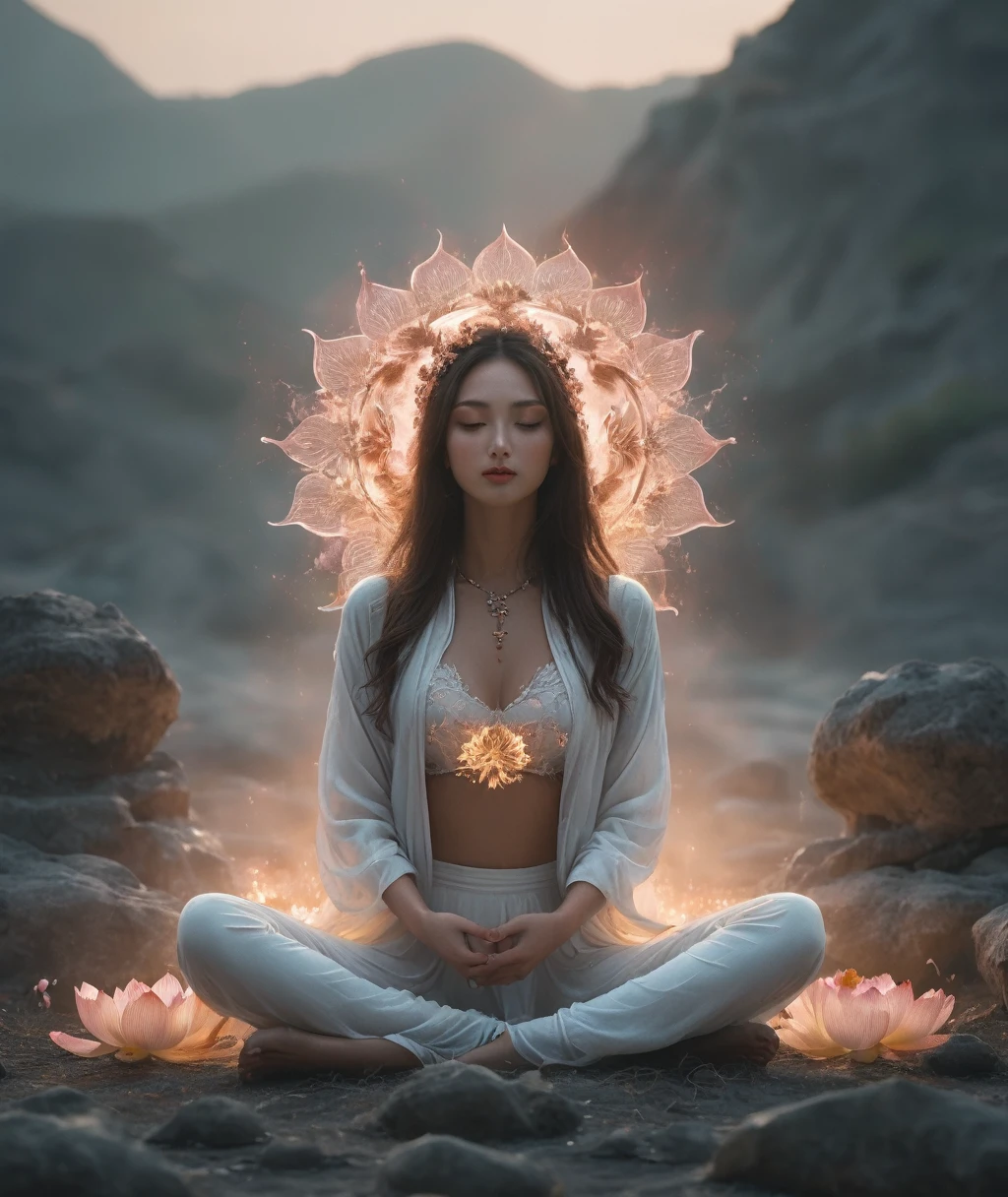 Lotus pose girl full body photography,Anatomically correct,Raw, Filming, (Be focused:1.5), (Reality:1.4), Dusk lighting, Volumetric Lighting, Ultra-high resolution, 16K,Dramatic Lighting, White background:1.5)(tangled,Mandala,dispute,Entanglement:0.7)Fox Demon,Fox Mask,short jacket, Foxfire Curse, fox family, Transformation, Depth of Field, Dreamy atmosphere, The most beautiful chaos, grace, Brutalist Design Dark Theme, Flower of Death, Flowers of ecstasy,Glowing Line,Glow Example,Tracking Example,flash, Backlight,translucent,Light Particles,HILL,exit