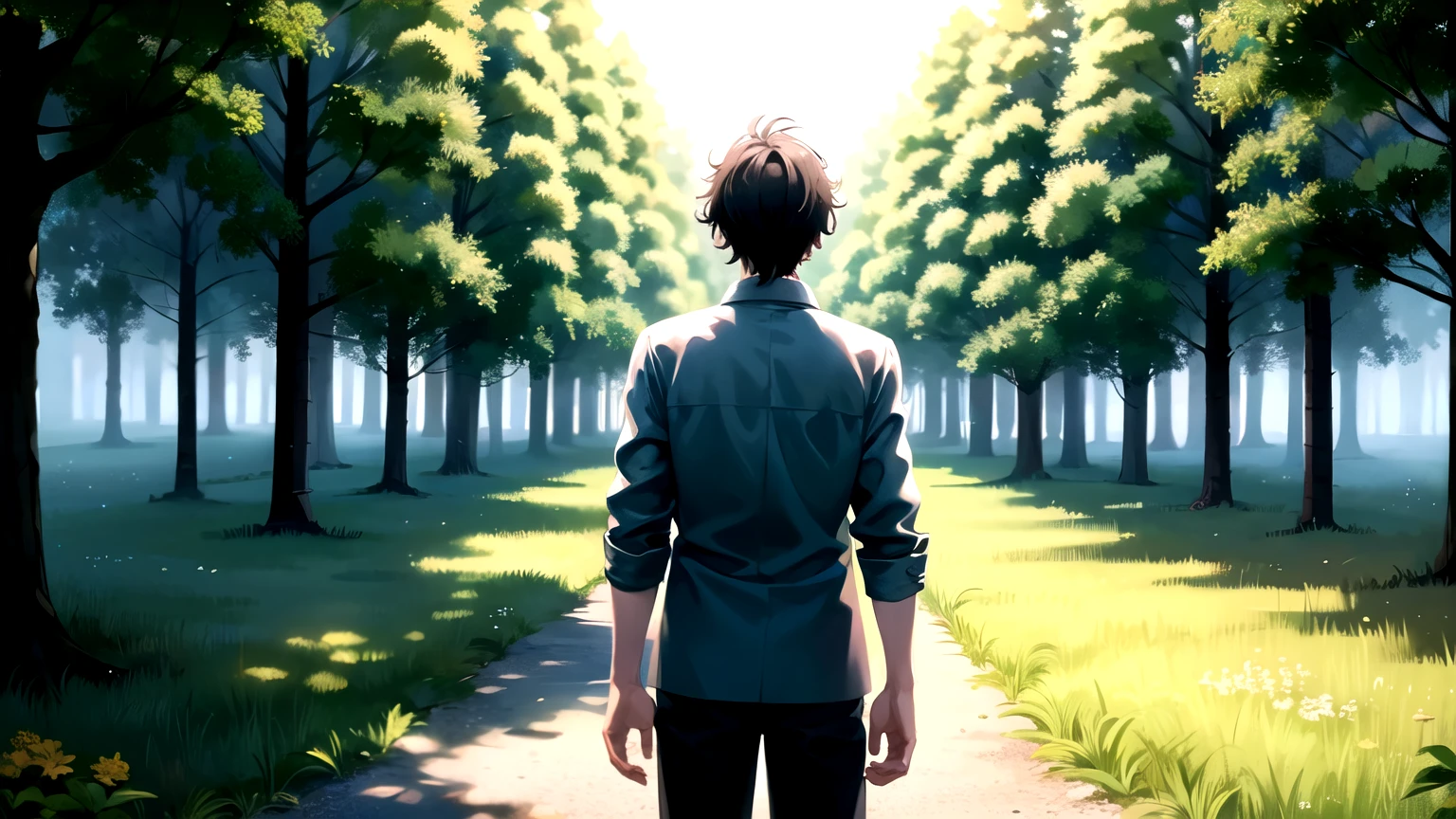 ((best quality)), (detailed). A anime man aged 18-20 alone stands in the middle of the forest and looks at nature, he himself is dressed in an official style