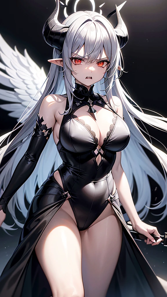 masterpiece, high quality, 4K, HDR,, Gothic warrior with spear, dissatisfied and troubled expression, halo of black angel wings above head, black horns on head, large black wings on back, intake hairstyle with blunt bangs, silver hair, slightly open mouth with sharp teeth, pointed ears, crimson eyes, pale skin, full body shot