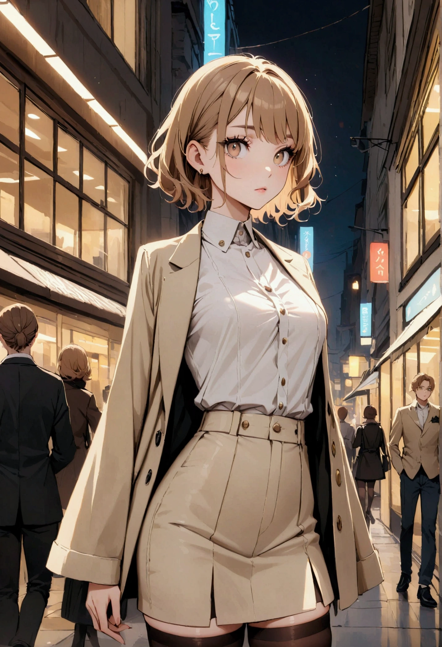 BROWN HAIR, wavy, lightweight square lenses, light brown eye color, Clothes, jean short, thigh high stockings