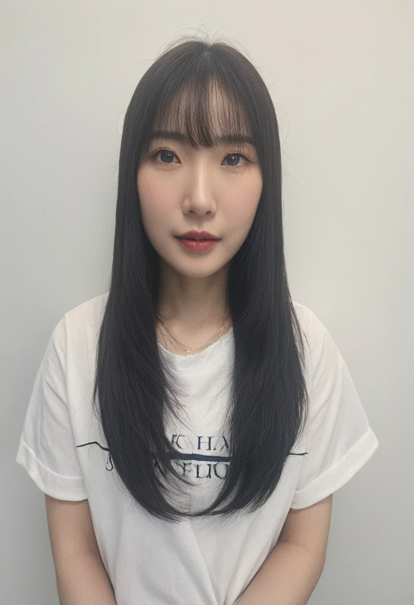 Best Quality, 8k, Masterpiece, (Portrait: 1.3), (photo realistic:1.4), (hyper realistic:1.4), Sharp Focus, looking at viewer, (smoother lighting:1.1), (increase cinematic lighting quality:0.9), realistic lighting, backlighting, light on face, ray trace, (brightening light:1.2), (Increase quality:1.4), sharp detail, (best quality real texture skin:1.4), finely detailed eyes, black_eyes, finely detailed face, 25 year old Korean woman, (white formal_shirt:1.4), (Create an image maintaining the original base model hairstyle:1.5),smiling_face