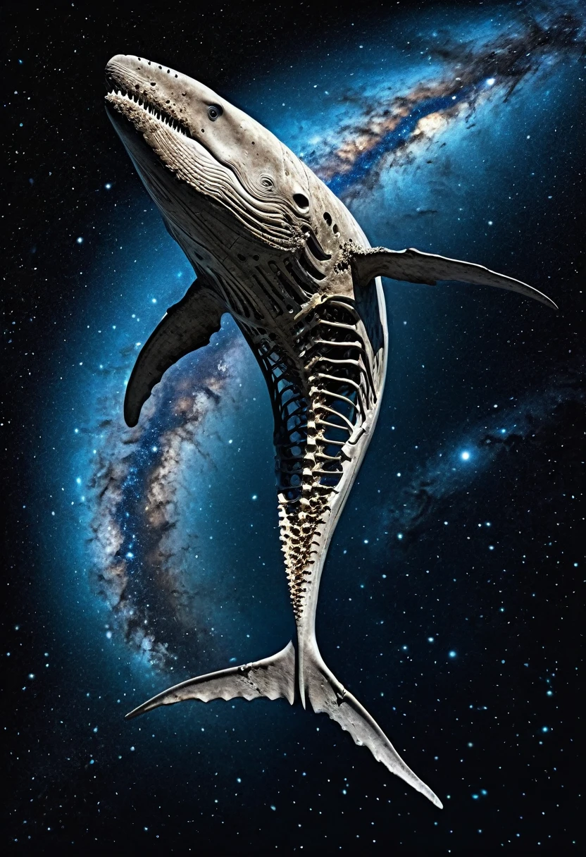 Super realistic fossil of whale images, perfectly formed fossil of whale, flying skeleton whale, Fossilized whale flying through the space, Whale bones mysteriously shine white in the vacuum of darkness, The earth and stars shine, dynamic motion, Squirting is like a nebula