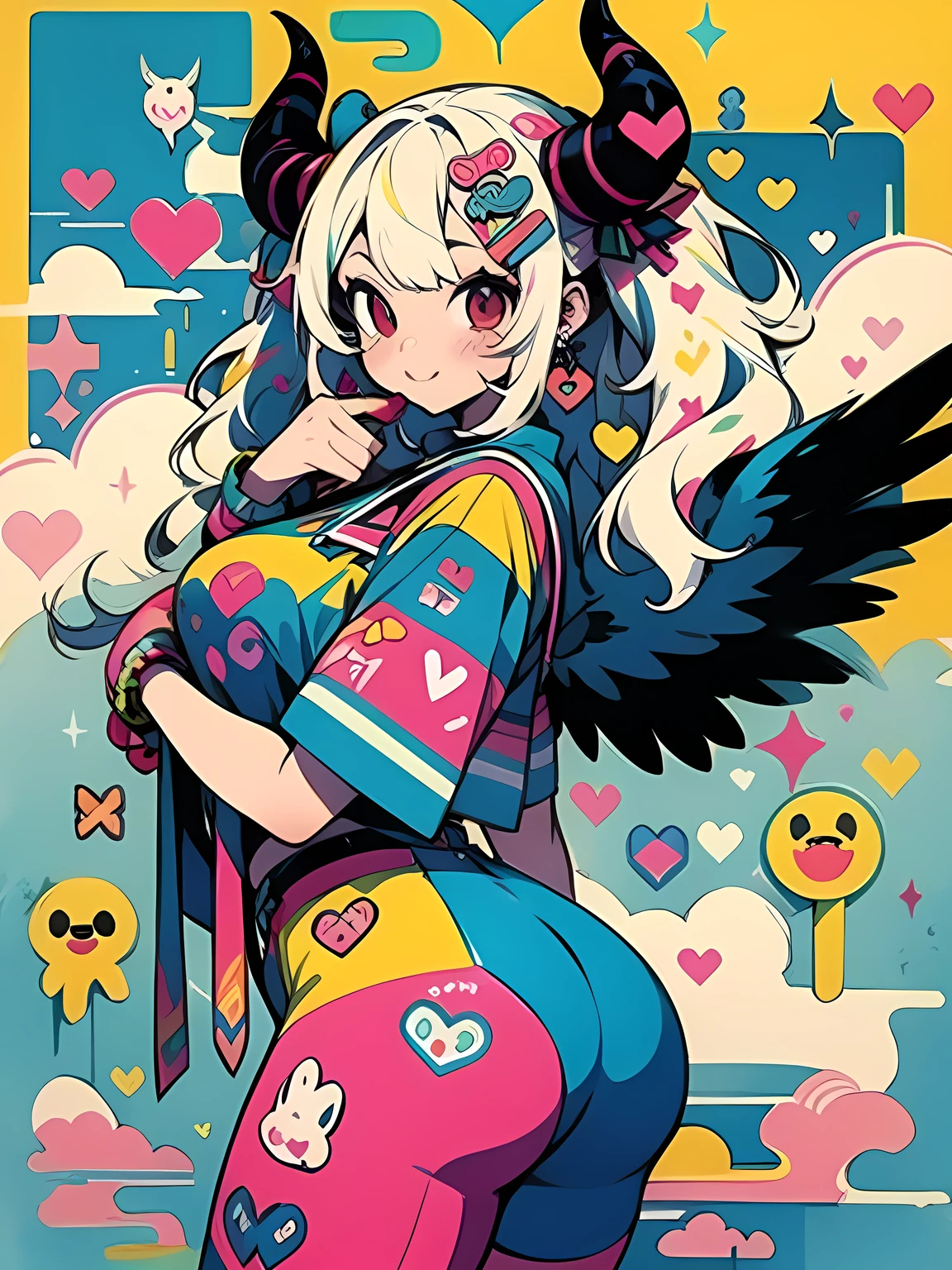 "kawaii, cute, adorable woman with pink, yellow, and baby blue color scheme. She is dressed in sky-themed clothes made out of clouds and sky motifs. Her outfit is fluffy and soft, with decora accessories like hairclips. She embodies the vibrant and trendy Harajuku fashion style." White hair, red eyes, horns, demon wings, big ,big ass, big lips, juicy lips, huge hair, smile