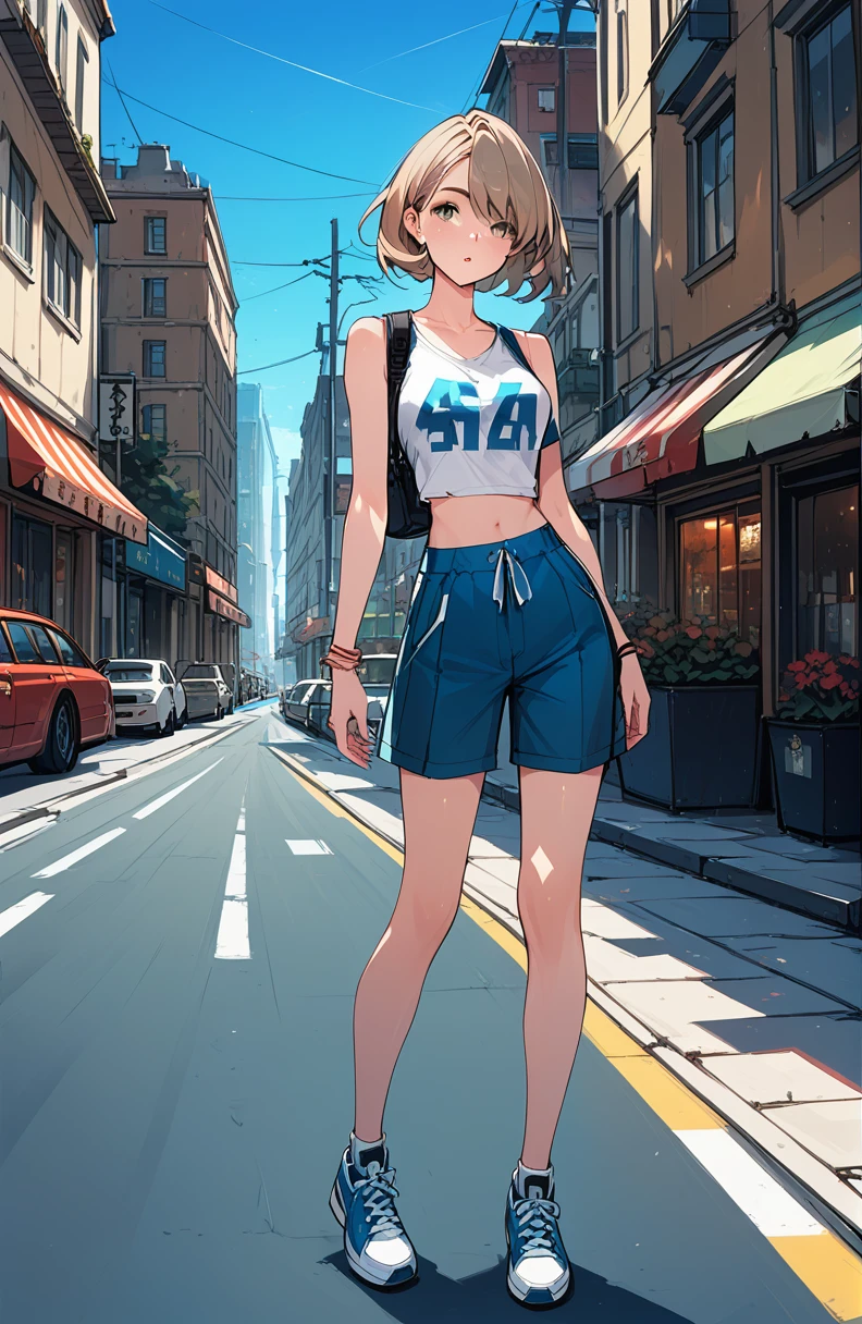 Girl, precision, masterpiece 1.4, modern street style, street, modern fashion clothing, short black hair, neon sky eyes, light brown skin tone, highly detailed 