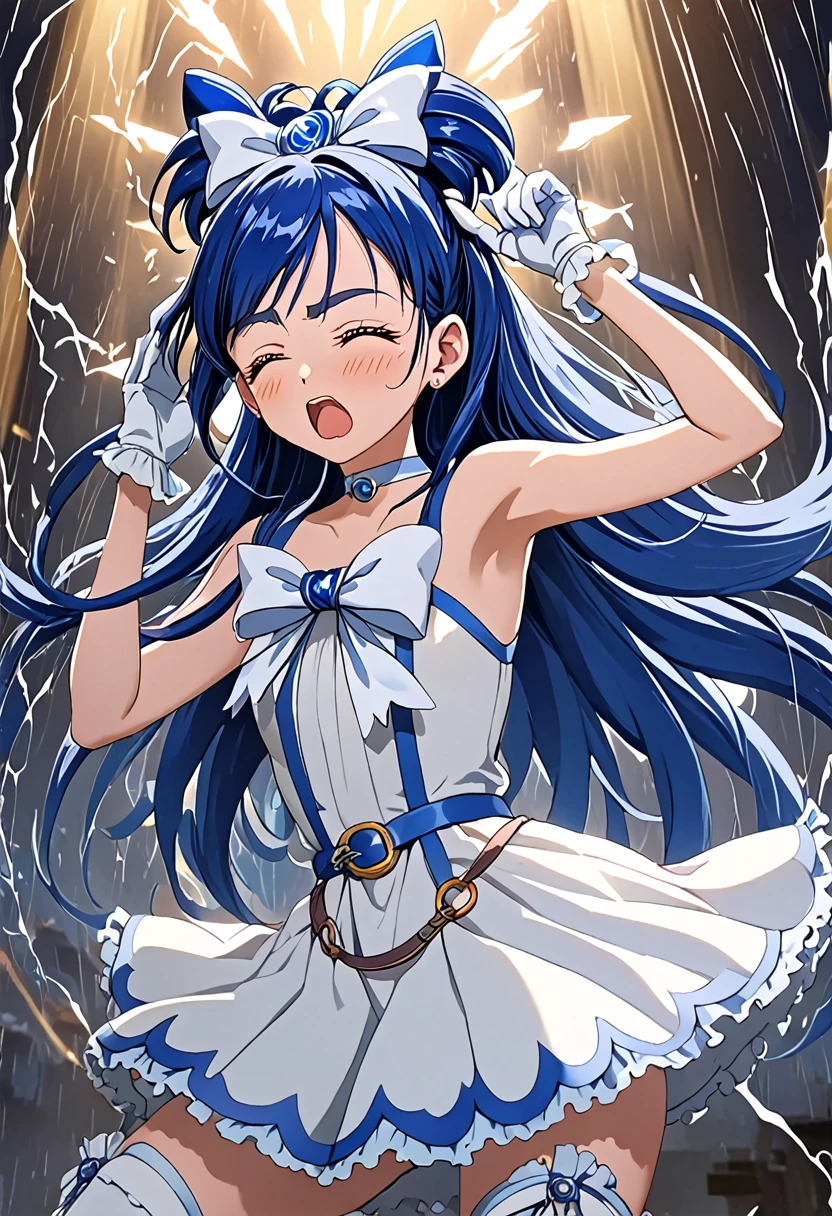 cure white,mini skirt,white choker, Thigh straps,elbow glover,detailed hair and costume, long flowing blue hair, white and blue frilly dress, white gloves and boots, holding her ears with both hands, blushing cheeks, in pain, suffering from enemy's sonic attack, dynamic and intense scene, background with sound waves,closed eye,masterpiece, Highest quality,, Highly detailed background, Perfect lighting, (beautiful, Highest quality:1.1), masterpiece, Perfect Eyes, (beautiful), (erotic:1.2)