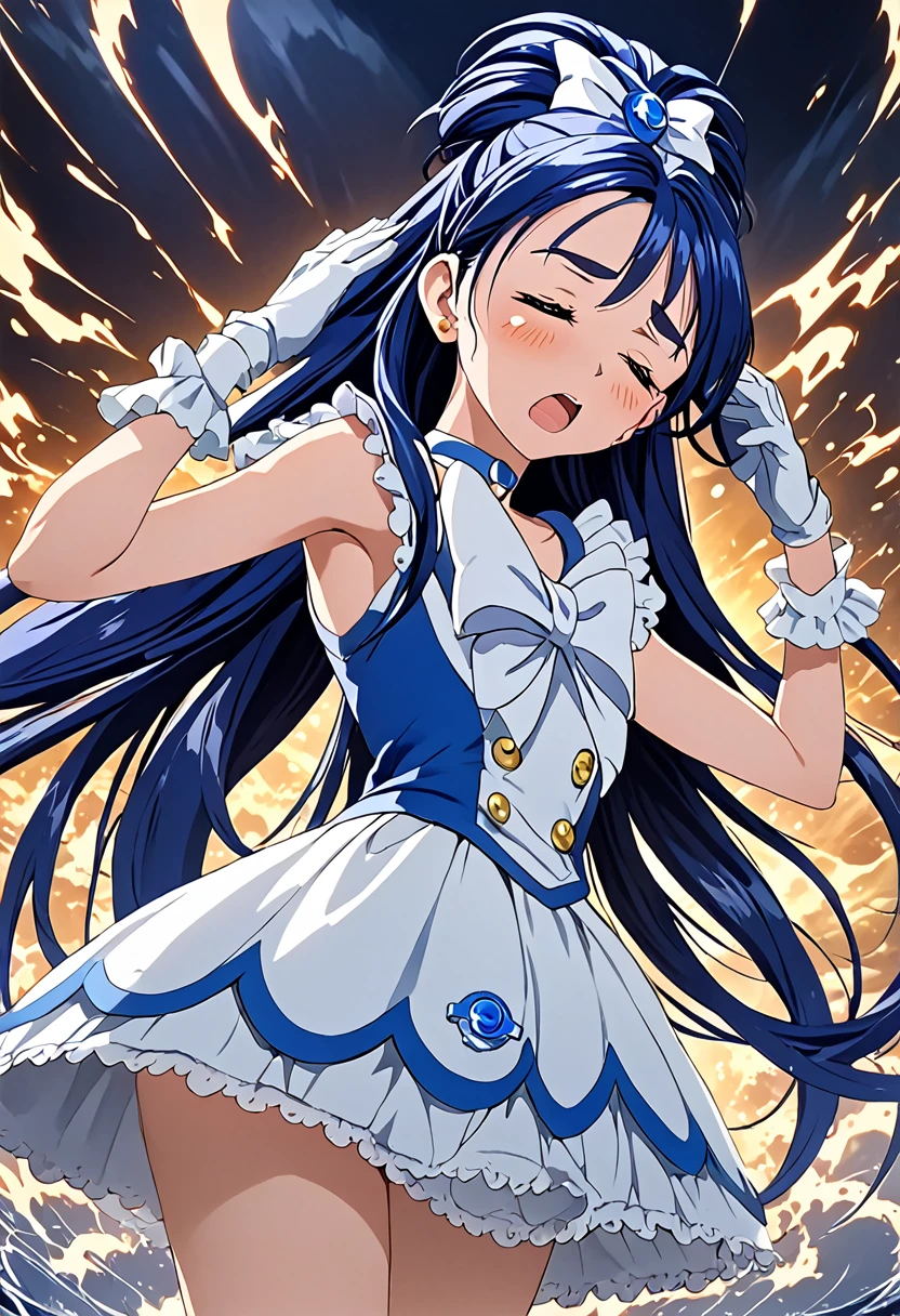 cure white,mini skirt,white choker, Thigh straps,elbow glover,detailed hair and costume, long flowing blue hair, white and blue frilly dress, white gloves and boots, holding her ears with both hands, blushing cheeks, in pain, suffering from enemy's sonic attack, dynamic and intense scene, background with sound waves,closed eye,masterpiece, Highest quality,, Highly detailed background, Perfect lighting, (beautiful, Highest quality:1.1), masterpiece, Perfect Eyes, (beautiful), (erotic:1.2) 