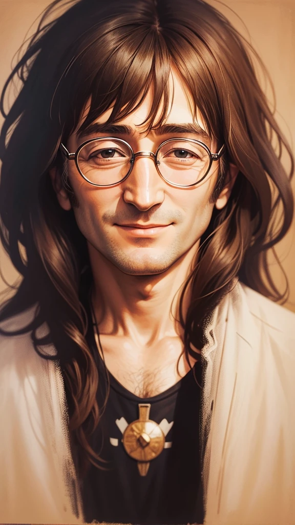 Medium format film photograph of John Lennon looking directly into the camera, Very realistic smiling face, Anatomically correct, Highest quality, accurate, Abstract painting, abstract expressionism,