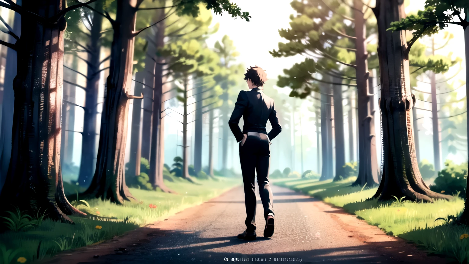 ((best quality)), (detailed). A anime man aged 18-20 alone stands in the middle of the forest and looks at nature, he himself is dressed in an official style