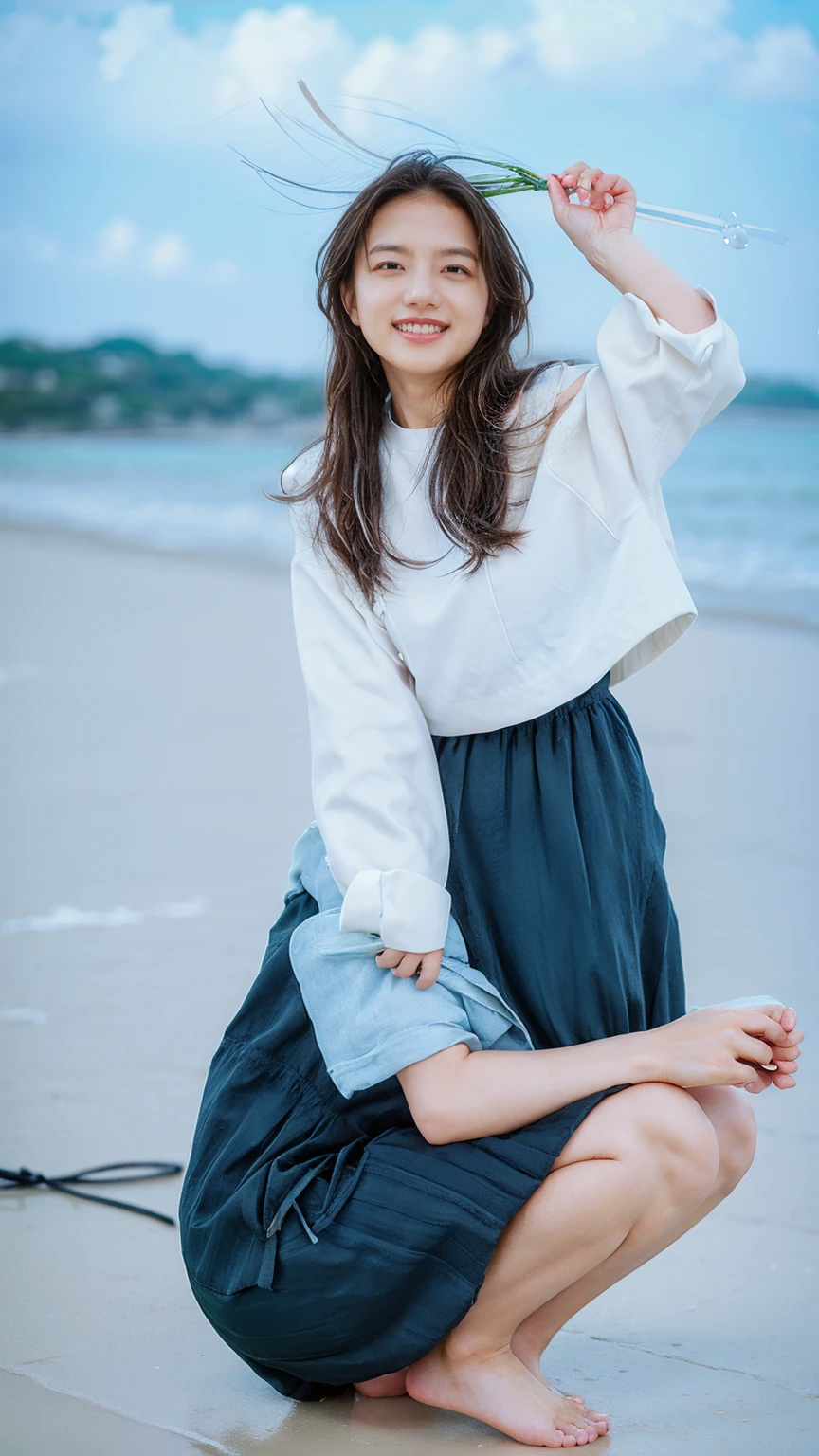 (((sunny day、Cute Japanese Woman、Beach、A strong wind is blowing、Her hair and skirt are flying、squat, Scooping up seawater and spreading your hands、Traditional navy blue sailor uniform、White blouse、Pleated skirt、Playing in the sea:1.25、splash、Pouring water into the camera、smile、Laughter、Sandy Beach、Light of the sun、clear blue sea、The waves crash quietly、Blue sky and white clouds、green mountain々、Beautiful Nature、The joys of youth)))、(((Top-down configuration:1.33)))、(((8k、Highest quality、masterpiece、Ultra-high resolution)))、(Realistic:1.4)、RAW Photos、(Realistic skin texture:1.3)、(Film Grain:1.3)、((No underwear、Bend one leg))、One Girl、Beautiful and detailed eyes and face、barefoot、