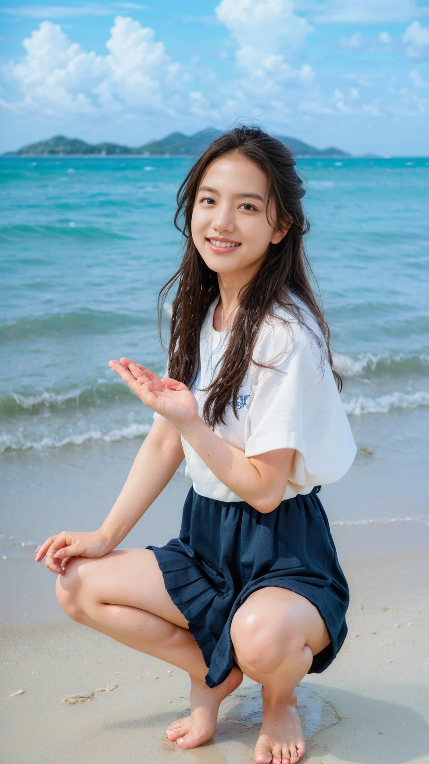 (((sunny day、Cute Japanese Woman、Beach、A strong wind is blowing、Her hair and skirt are flying、squat, Scooping up seawater and spreading your hands、Traditional navy blue sailor uniform、White blouse、Pleated skirt、Playing in the sea:1.25、splash、Pouring water into the camera、smile、Laughter、Sandy Beach、Light of the sun、clear blue sea、The waves crash quietly、Blue sky and white clouds、green mountain々、Beautiful Nature、The joys of youth)))、(((Top-down configuration:1.33)))、(((8k、Highest quality、masterpiece、Ultra-high resolution)))、(Realistic:1.4)、RAW Photos、(Realistic skin texture:1.3)、(Film Grain:1.3)、((No underwear、Bend one leg))、One Girl、Beautiful and detailed eyes and face、barefoot、