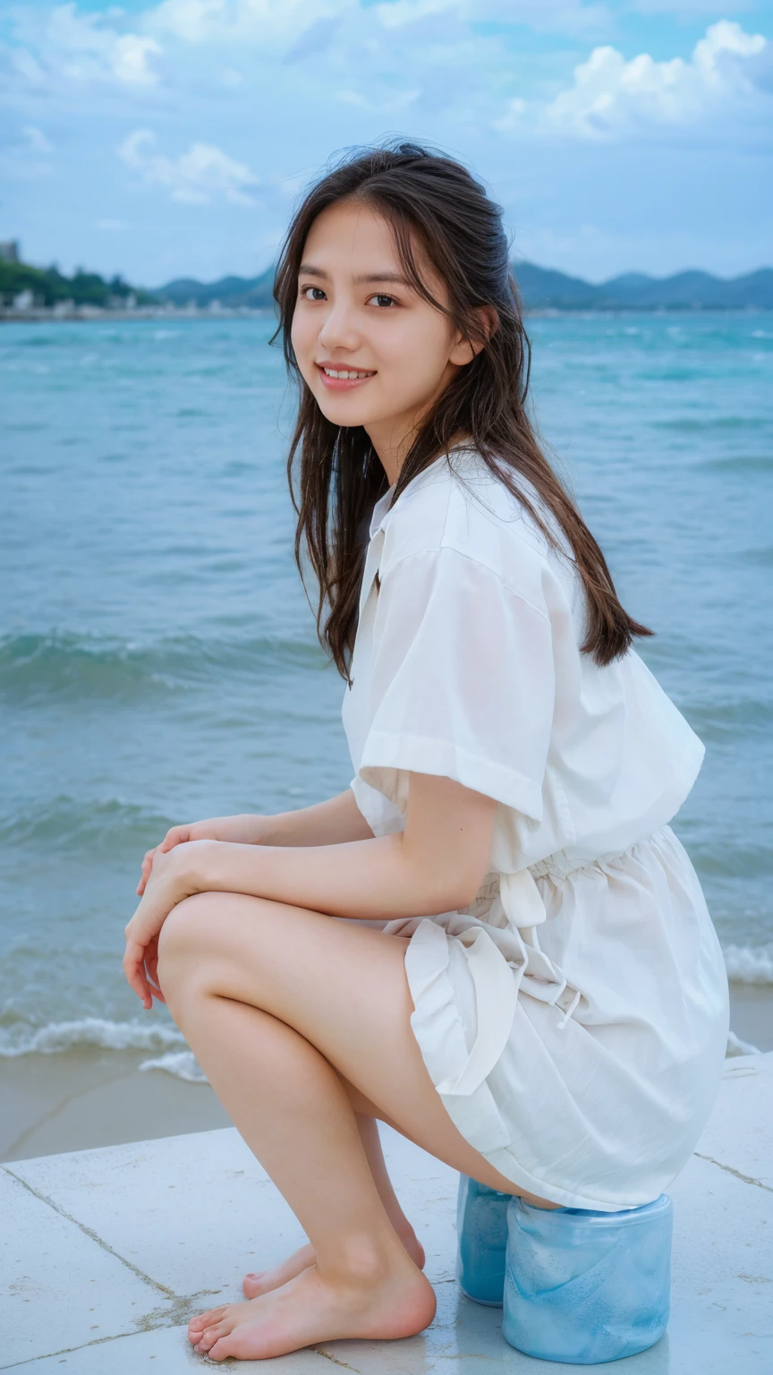 (((sunny day、Cute Japanese Woman、Beach、A strong wind is blowing、Her hair and skirt are flying、squat, Scooping up seawater and spreading your hands、Traditional navy blue sailor uniform、White blouse、Pleated skirt、Playing in the sea:1.25、splash、Pouring water into the camera、smile、Laughter、Sandy Beach、Light of the sun、clear blue sea、The waves crash quietly、Blue sky and white clouds、green mountain々、Beautiful Nature、The joys of youth)))、(((Top-down configuration:1.33)))、(((8k、Highest quality、masterpiece、Ultra-high resolution)))、(Realistic:1.4)、RAW Photos、(Realistic skin texture:1.3)、(Film Grain:1.3)、((No underwear、Bend one leg))、One Girl、Beautiful and detailed eyes and face、barefoot、
