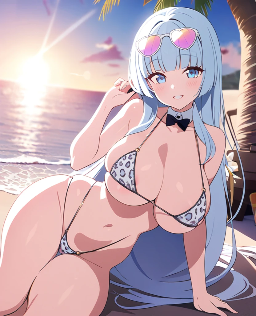 16 yo girl, hime cut, long hair, light blue hair, K cup breast, thicc thigh, perfect hourglass body, erotic string bikini, white leopard pattern, pink love glasses, charming smile, beach scene, clear view.