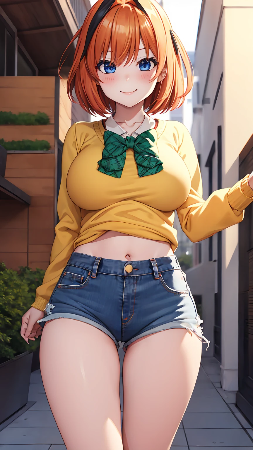 [nakano yotsuba, orange hair, hair bow, green bowtie, yellow sweater], 1girl, anime girl, anime, girl, 2d girl, 16y, (fullbody), blue eyes, smile, blush, Solo, Slim, Big breasts, large Breasts, sfw, cowboy shot, Tight Shorts, low waist shorts, upshorts, outdoors, night background, looking at viewer, darker shadows, (((shorts))), (((thigh gap))), (((lowleg shorts))),