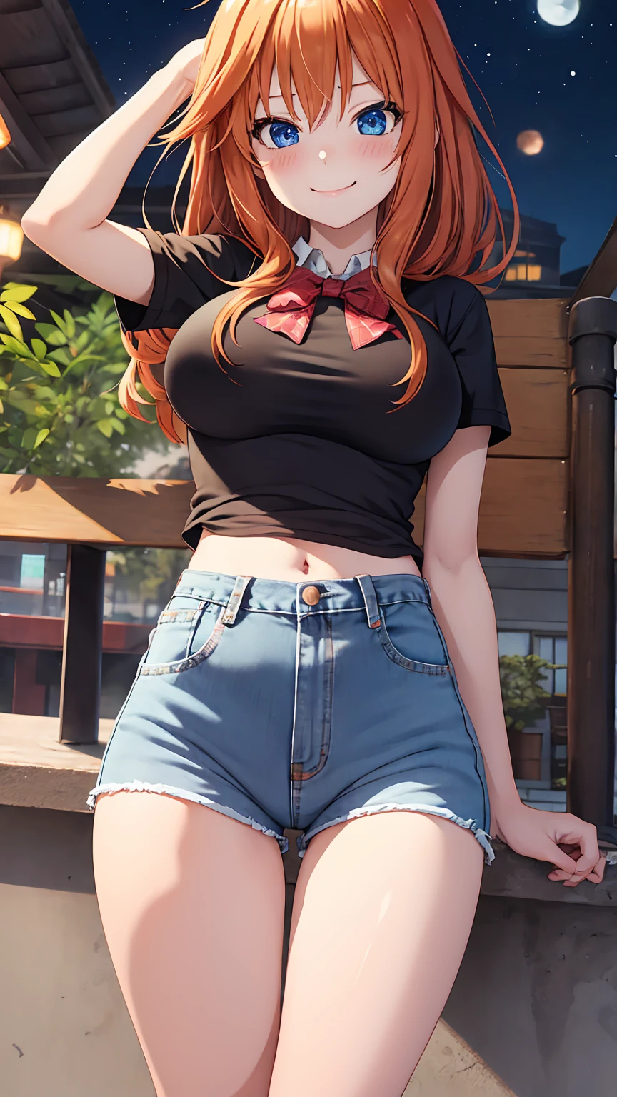 [nakano yotsuba, orange hair, hair bow, green bowtie, yellow sweater], 1girl, anime girl, anime, girl, 2d girl, y, (fullbody), blue eyes, smile, blush, Solo, Slim, Big breasts, large Breasts, sfw, cowboy shot, Tight Shorts, low waist shorts, upshorts, outdoors, night background, looking at viewer, darker shadows, (((shorts))), (((thigh gap))), (((lowleg shorts))),