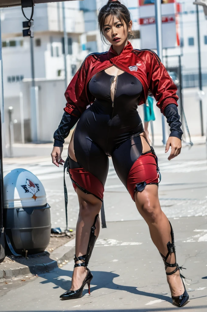 30-year-old Asian female gladiator posing for a photo，Tall and sexy，Sweaty and sweaty，Shiny muscle lines，Sense of Power，Large Breasts，Big buttocks，Mature and charming，Lewd exposure ，exposed，Camel toe，nipple，Y-hair details，NSFW，Release liquid，Wear sexy super high heels，The charming and seductive queen，Fighting breath