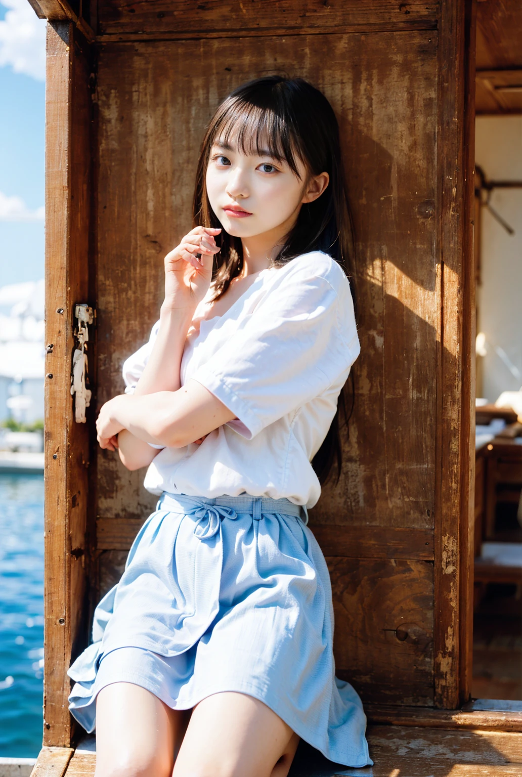 (((Top-down configuration:1.33)))、(((A strong wind is blowing、Her hair and skirt are flying、Kneel, Open shirt:1.68、Pleated skirt、Leaning forward:2.25)))、((No underwear:1.55))、One Girl、Beautiful and detailed eyes and face、barefoot、20 year old cute Japan woman, ((Extremely precise and accurate anatomy:1.0)), (photo Realistic:1.4), (hyper Realistic:1.4), (最高品質のRealisticな肌の質感:1.4), (Improvement of quality:1.4), (Enhances the beauty of skin texture:1.1), Clean and glowing skin, mesh, thin:1.2, (Realistic:1.3), Realisticなライティング, (Smoother lighting:1.05), (Improving the quality of cinema lighting:0.9), Backlight, A gentle light on your face, Ray Tracing, (Bright light:1.2), 32k, One Japanese woman, fine grain, Detailed face, (Film Grain:1.1),(Accentuates body lines:1.1), High resolution, Natural look, Kind eyes, Improves hair quality, Delicate light and shadow, Transparent muscles, Graceful pose, Beautiful Eyes, Sharp details, Soft light reflection, Beautiful contours, Delicate skin tone, Fine hair texture, Natural background, sunny day、Beach、splash、Sandy Beach、Light of the sun、clear blue sea、The waves crash quietly、Blue sky and white clouds、green mountain々、Beautiful Nature、The joys of youth