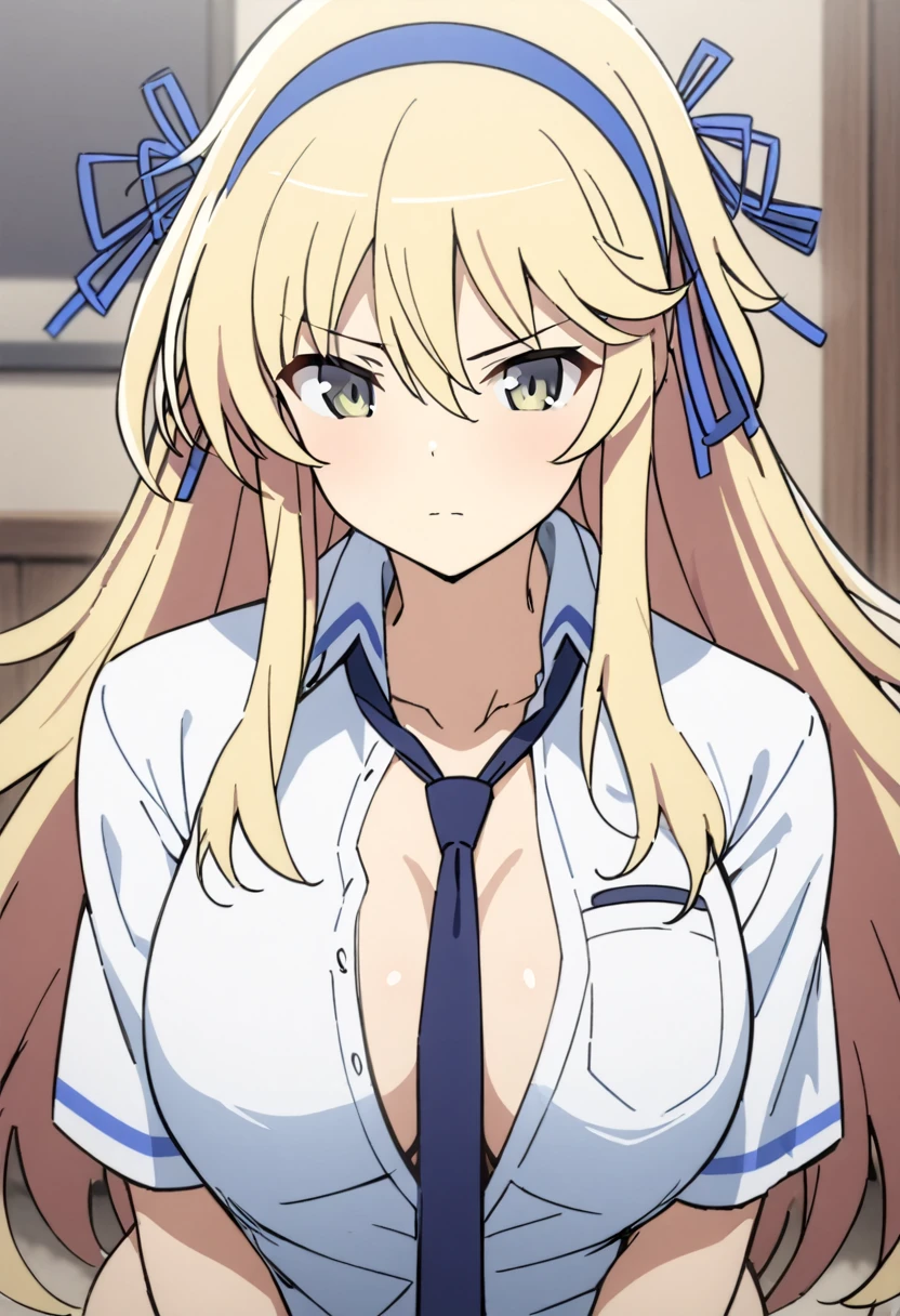 (masterpiece, best quality, detailed), 1 girl, blonde hair, senran kagura style, katsuragi, nude, blue hairband, blue side ribbons, (blue tie)), fully inbuttoned shirt