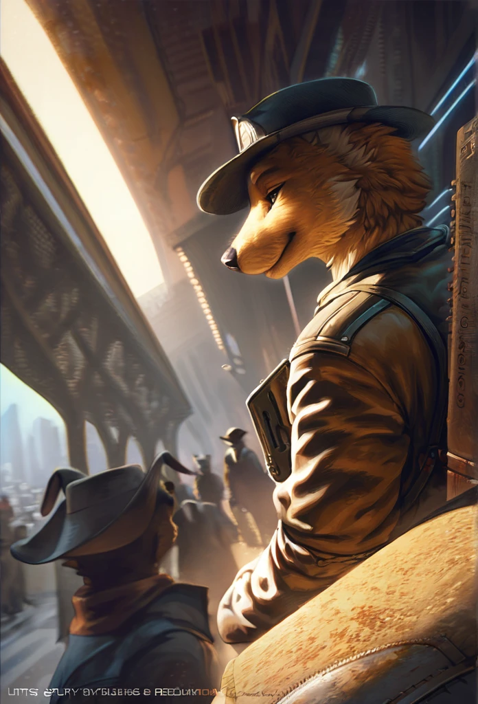 cover page, highres, top quality, best quality, paid reward available, unparalleled masterpiece, perfect artwork, absurdres, High-quality illustrations by Johannes Vermeer, Dark_Fantasy, Cyberpunk, steam punk(super handsome boy, single, kemono)Mechanical marvel, Robotic presence, Cybernetic guardian, wearing a worn-out mech suit, intricate(steel metal, rusty)(furry anthro:1.7)(Furry body, dog facial features, dog body features)elegant, clear focus, shot by greg rutkowski, soft lighting, vibrant colors, masterpiece((street))cowboy shot, dynamic angle,