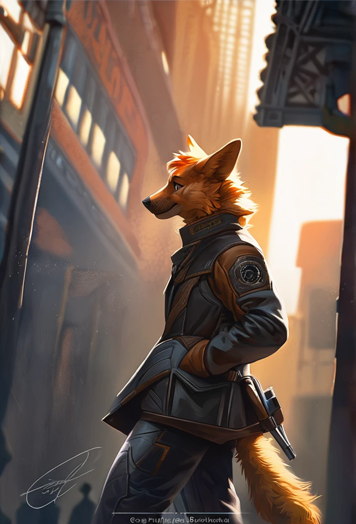 cover page, highres, top quality, best quality, paid reward available, unparalleled masterpiece, perfect artwork, absurdres, High-quality illustrations by Johannes Vermeer, Dark_Fantasy, Cyberpunk, steam punk(super handsome boy, single, kemono)Mechanical marvel, Robotic presence, Cybernetic guardian, wearing a worn-out mech suit, intricate(steel metal, rusty)(furry anthro:1.7)(Furry body, dog facial features, dog body features)elegant, clear focus, shot by greg rutkowski, soft lighting, vibrant colors, masterpiece((street))cowboy shot, dynamic angle,