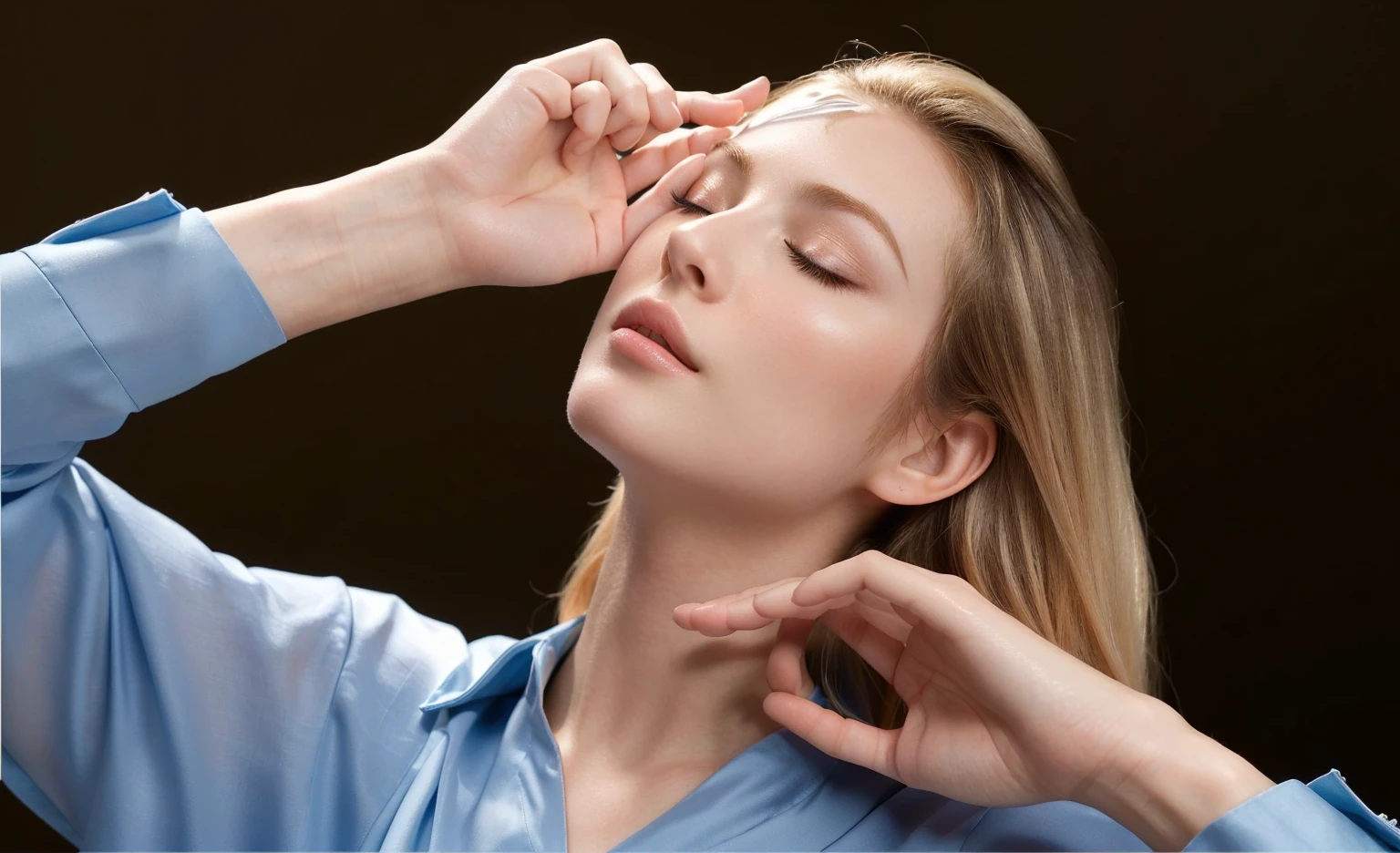 Blonde woman closing her eyes,Place your hands on your head, Fashion model face with eyes closed, sleepy fashion model face, Face and upper body focus, Symmetrical face, A woman with porcelain skin, Naturalistic approach, Smooth facial features, Face and upper body focus, High forehead, Facial symmetry, charming, Pointed chin, Beauty Retouching, Square face structure,Slightly side face angle
