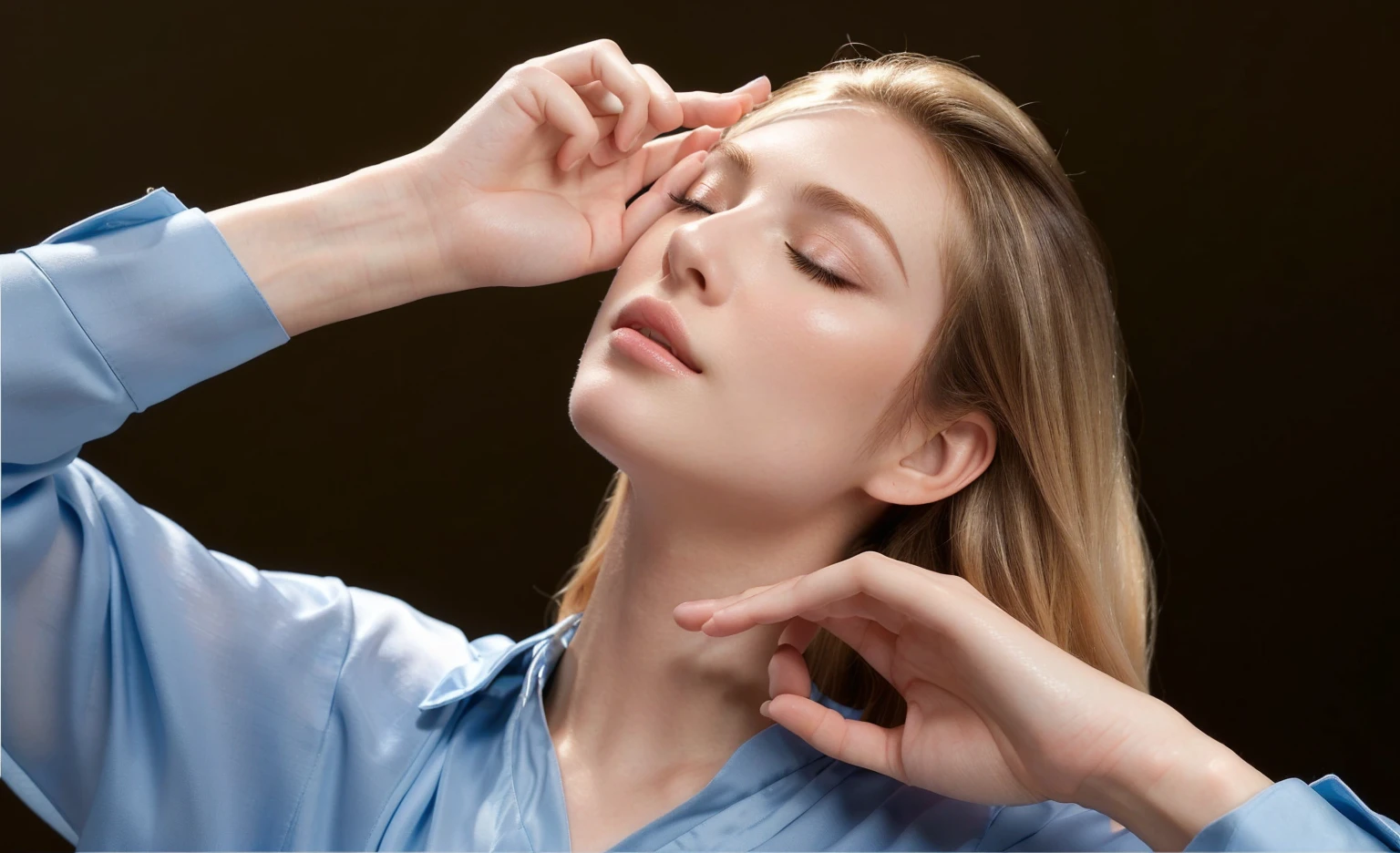 Blonde woman closing her eyes,Place your hands on your head, Fashion model face with eyes closed, sleepy fashion model face, Face and upper body focus, Symmetrical face, A woman with porcelain skin, Naturalistic approach, Smooth facial features, Face and upper body focus, High forehead, Facial symmetry, charming, Pointed chin, Beauty Retouching, Square face structure,Slightly side face angle