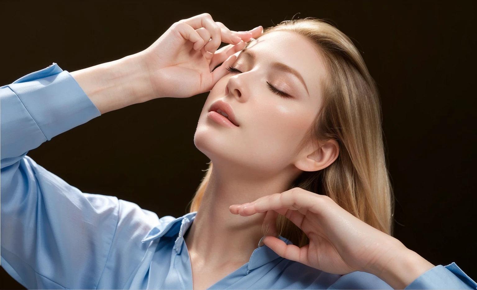 Blonde woman closing her eyes,Place your hands on your head, Fashion model face with eyes closed, sleepy fashion model face, Face and upper body focus, Symmetrical face, A woman with porcelain skin, Naturalistic approach, Smooth facial features, Face and upper body focus, High forehead, Facial symmetry, charming, Pointed chin, Beauty Retouching, Square face structure,Slightly side face angle
