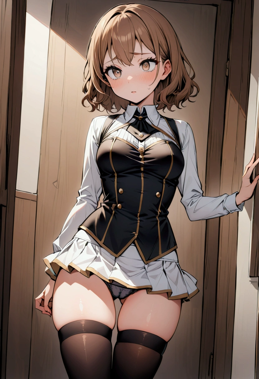 BROWN HAIR, wavy, lightweight square lenses, light brown eye color, Clothes, jean short, thigh high stockings, Her short skirt is very small, so much so that her underwear can be seen., His underwear is black and white..