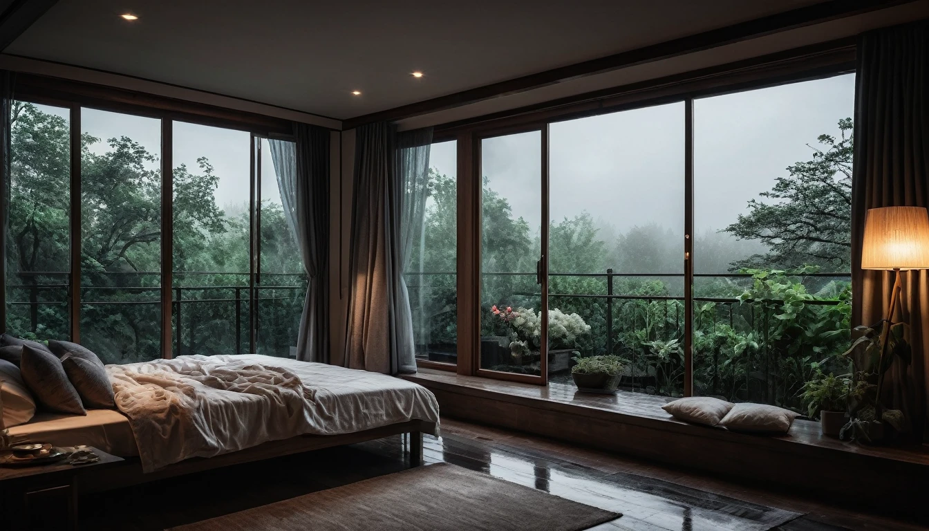 The picture shows a cozy gloomy bedroom, with a large window offering a view of a beautiful, dimly lit garden AND a garden soaked in FLOWERS, the cobblestones of the Japanese house concept. CINEMATIC, JAPANESE HOUSE, the shape of a Japanese house, and lots of flower gardens in the garden. The bed was unmade with rumpled sheets, indicating only a light sleep. the room is dark, gloomy, looks dim, gloomy. Beside the bed there is a small table with a classic lamp that radiates warm light into the room. Outside the window you can see the lush greenery of the terrace or balcony area, the rain is falling, the lamp on the left provides warm lighting, creating a calm and peaceful atmosphere. with fog obscuring part of the view in the distance. The contrast between the warmth indoors and the rain outdoors creates an inviting and calming atmosphere