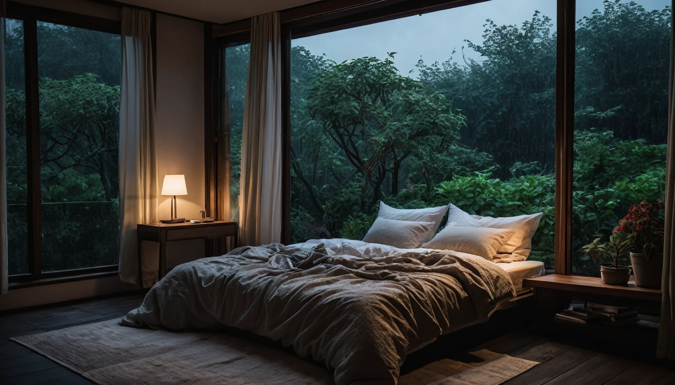 The picture shows a cozy gloomy bedroom, with a large window offering a view of a beautiful, dimly lit garden AND a garden soaked in FLOWERS, the cobblestones of the Japanese house concept. CINEMATIC, JAPANESE HOUSE, the shape of a Japanese house, and lots of flower gardens in the garden. The bed was unmade with rumpled sheets, indicating only a light sleep. the room is dark, gloomy, looks dim, gloomy. Beside the bed there is a small table with a classic lamp that radiates warm light into the room. Outside the window you can see the lush greenery of the terrace or balcony area, the rain is falling, the lamp on the left provides warm lighting, creating a calm and peaceful atmosphere. with fog obscuring part of the view in the distance. The contrast between the warmth indoors and the rain outdoors creates an inviting and calming atmosphere