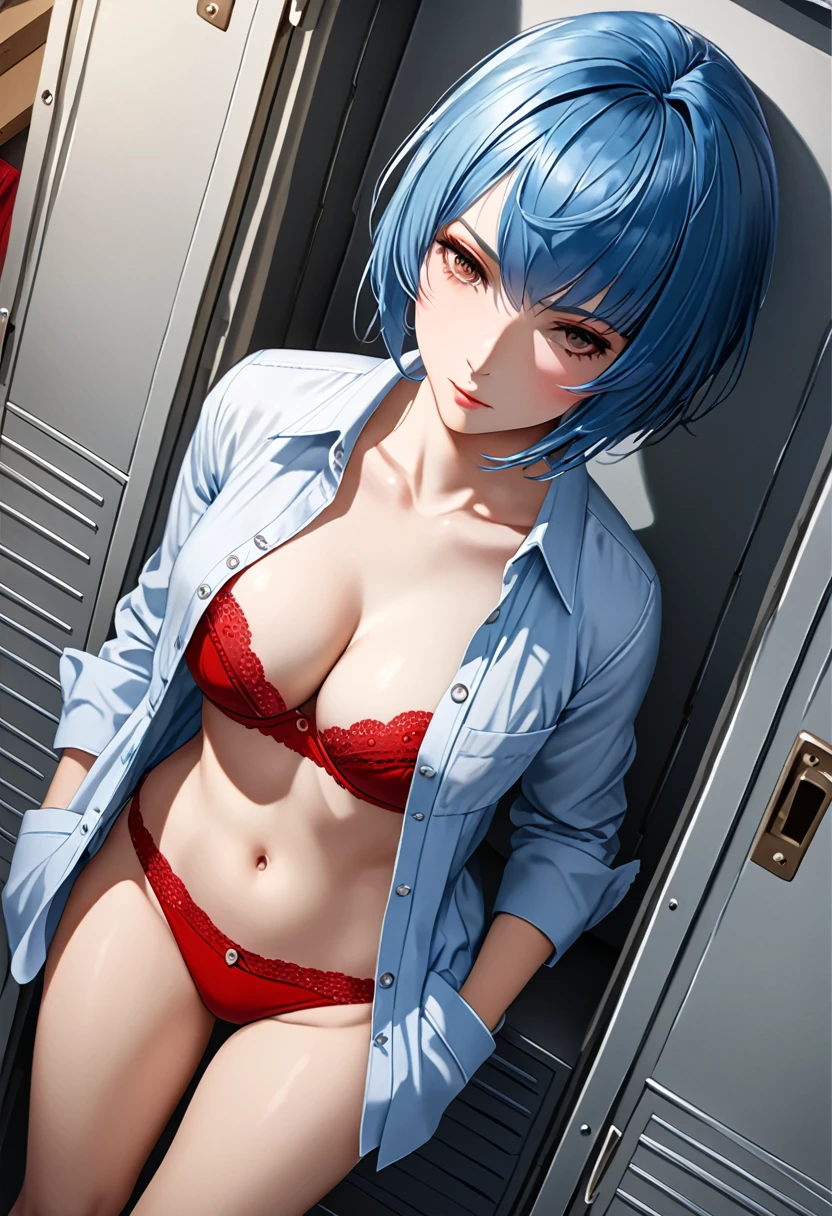 (((masterpiece) (((((Highest quality))))((high resolution))))), Very detailed, Ultra-realistic, )、、lockerルーム、Open shirt、Red Bra、Red panties、Blue Hair、Big Breasts、locker、Change of clothes、((Expressionless))、From above.stand