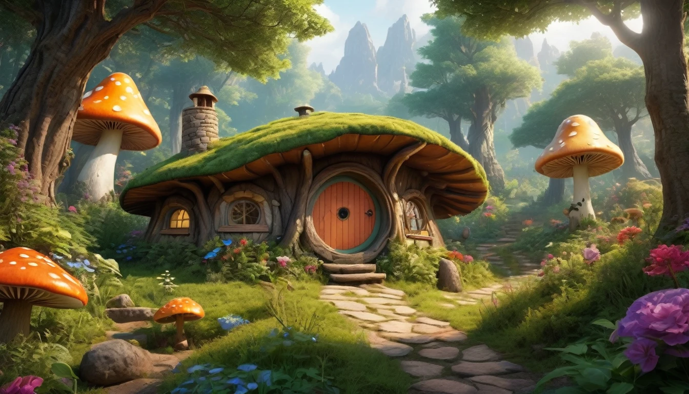 (Mysterious fantasy forest, dense trees, a cute and strange little tree:1.5), A hobbit cabin vividly depicted (best quality, 8K, advanced resolution, masterpiece:1.2) with ultra-detailed realism (1.4x realism, photorealistic: 1.37). This fantasy forest, surrounded by lush greenery and colorful flowers, is bathed in warm sunlight, creating a cheerful and whimsical atmosphere. The cabin, resembling a mushroom-shaped house, features intricate design and unique architecture. The artwork showcases an illustrative style inspired by children's book illustrations, with a vibrant rainbow color palette evoking joy and playfulness. Soft, warm lighting adds depth and warmth, making every detail impeccably presented. This visually stunning masterpiece captures the essence of a magical fantasy forest deep in the heart of a dense woodland.