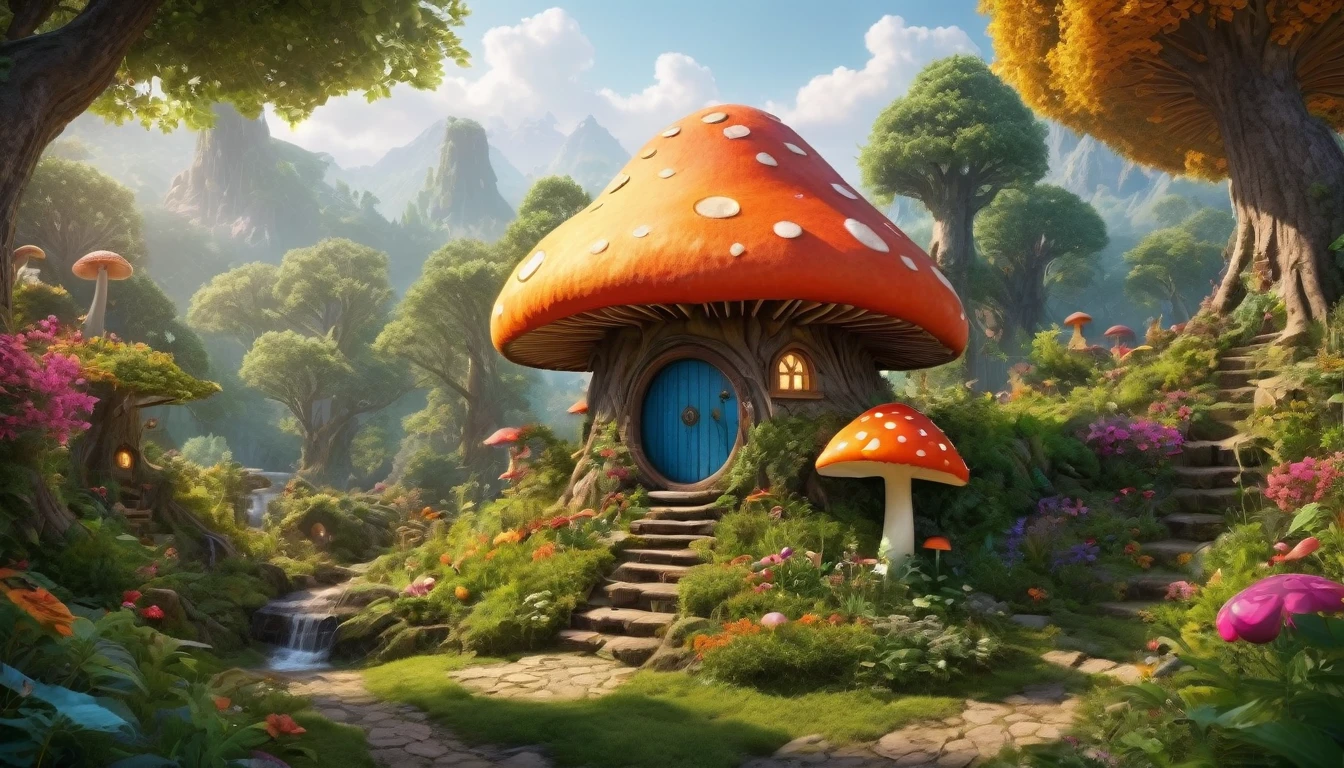 (Mysterious fantasy forest, dense trees, a cute and strange little tree:1.5), A hobbit cabin vividly depicted (best quality, 8K, advanced resolution, masterpiece:1.2) with ultra-detailed realism (1.4x realism, photorealistic: 1.37). This fantasy forest, surrounded by lush greenery and colorful flowers, is bathed in warm sunlight, creating a cheerful and whimsical atmosphere. The cabin, resembling a mushroom-shaped house, features intricate design and unique architecture. The artwork showcases an illustrative style inspired by children's book illustrations, with a vibrant rainbow color palette evoking joy and playfulness. Soft, warm lighting adds depth and warmth, making every detail impeccably presented. This visually stunning masterpiece captures the essence of a magical fantasy forest deep in the heart of a dense woodland.