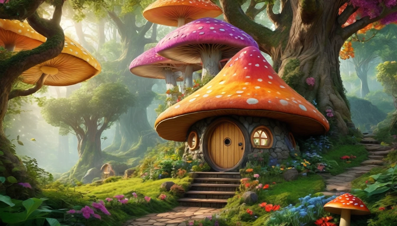 (Mysterious fantasy forest, dense trees, a cute and strange little tree:1.5), A hobbit cabin vividly depicted (best quality, 8K, advanced resolution, masterpiece:1.2) with ultra-detailed realism (1.4x realism, photorealistic: 1.37). This fantasy forest, surrounded by lush greenery and colorful flowers, is bathed in warm sunlight, creating a cheerful and whimsical atmosphere. The cabin, resembling a mushroom-shaped house, features intricate design and unique architecture. The artwork showcases an illustrative style inspired by children's book illustrations, with a vibrant rainbow color palette evoking joy and playfulness. Soft, warm lighting adds depth and warmth, making every detail impeccably presented. This visually stunning masterpiece captures the essence of a magical fantasy forest deep in the heart of a dense woodland.
