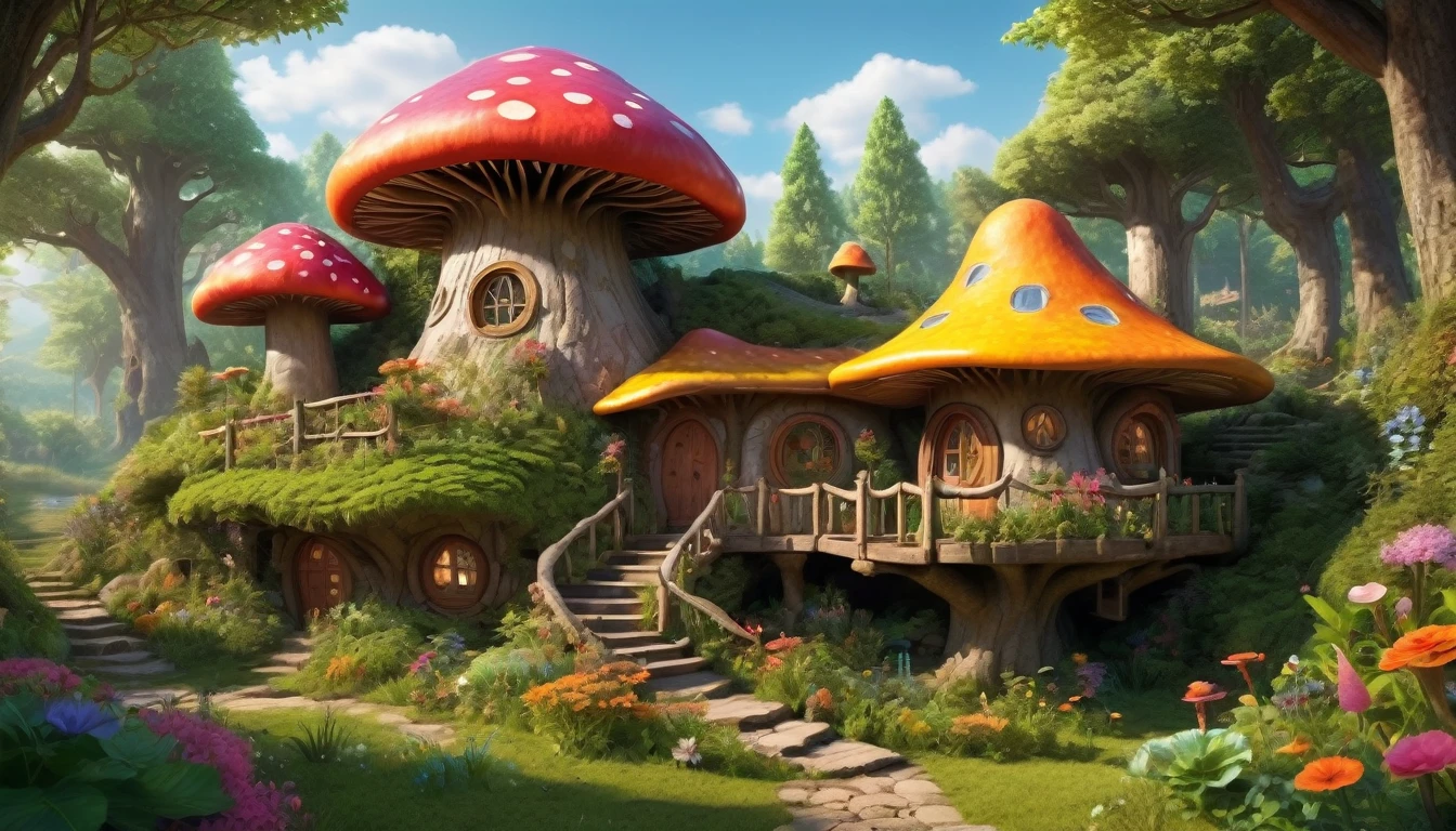 (Mysterious fantasy forest, dense trees, a cute and strange little tree:1.5), A hobbit cabin vividly depicted (best quality, 8K, advanced resolution, masterpiece:1.2) with ultra-detailed realism (1.4x realism, photorealistic: 1.37). This fantasy forest, surrounded by lush greenery and colorful flowers, is bathed in warm sunlight, creating a cheerful and whimsical atmosphere. The cabin, resembling a mushroom-shaped house, features intricate design and unique architecture. The artwork showcases an illustrative style inspired by children's book illustrations, with a vibrant rainbow color palette evoking joy and playfulness. Soft, warm lighting adds depth and warmth, making every detail impeccably presented. This visually stunning masterpiece captures the essence of a magical fantasy forest deep in the heart of a dense woodland.