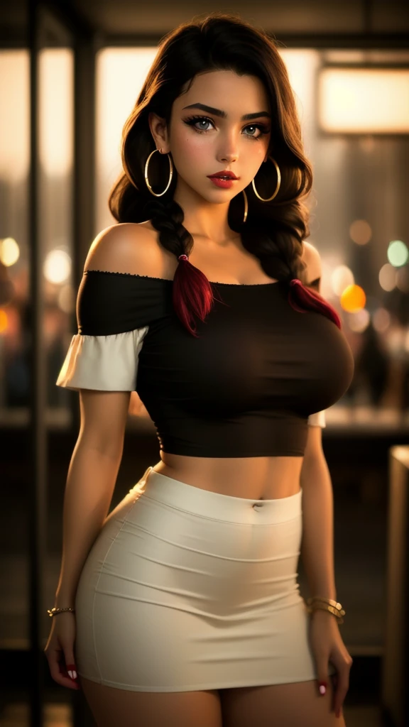 masterpiece,best quality, realistic illustration, style of Philip Lorca diCorcia,
cinematic film still portrait of a girl aged 18yo, 1girl, solo, black long hair, large braid, olive eyes, toned figure, massive breasts, huge nipples, huge areolas, dark skin, dark makeup, wearing an off the shoulder blouse, cropped, wet, hoop earrings, perfect lips, posing for the camera, pretty face, cute face, vignette, highly detailed features, highly detailed body, high budget, bokeh, cinemascope, moody, epic, gorgeous, whole body photo, film grain, grainy