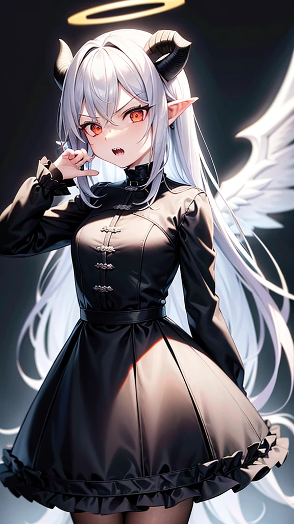 masterpiece, high quality, 4K, HDR,, Gothic warrior with spear, dissatisfied and troubled expression, halo of black angel wings above head, black horns on head, large black wings on back, intake hairstyle with blunt bangs, silver hair, slightly open mouth with sharp teeth, pointed ears, crimson eyes, pale skin, full body shot, long sleeves, military uniform, gothic lolita