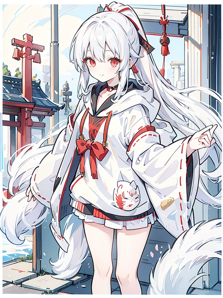 girl, white hair, ponytail, red eyes, fox mask, shrine maiden, uniform, hoodie, cute, small breasts, smiling