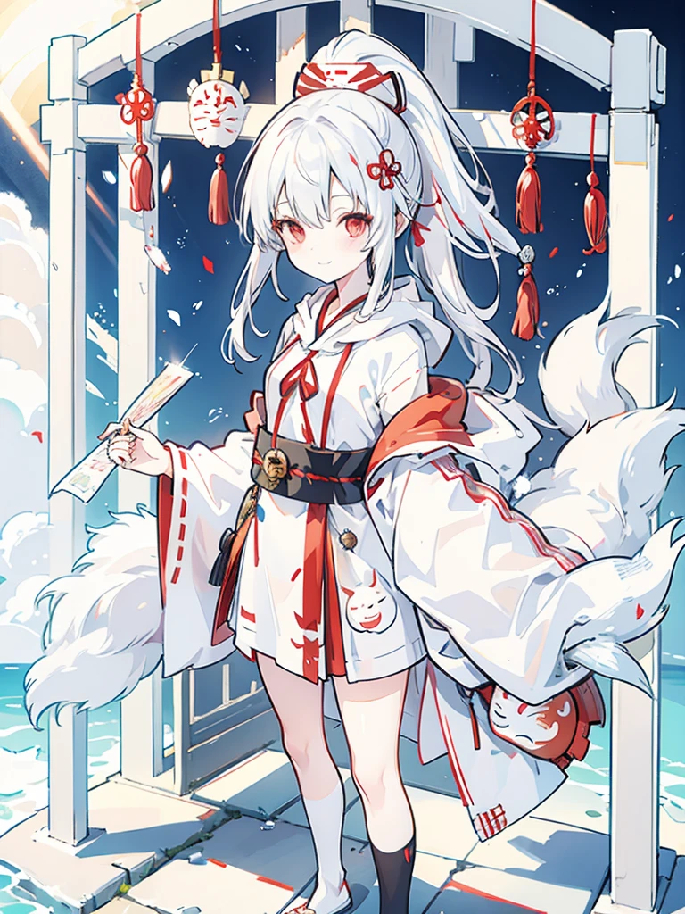 girl, white hair, ponytail, red eyes, fox mask, shrine maiden, uniform, hoodie, cute, small breasts, smiling