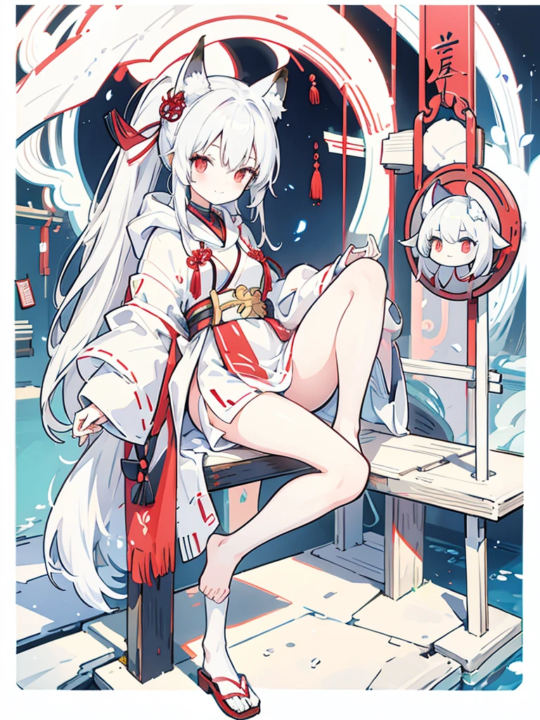 girl, white hair, ponytail, red eyes, fox mask, shrine maiden, uniform, hoodie, cute, small breasts, smiling