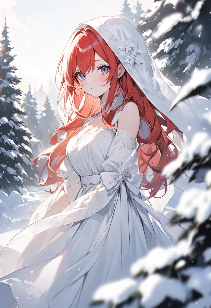 redhead in white dress in the snow