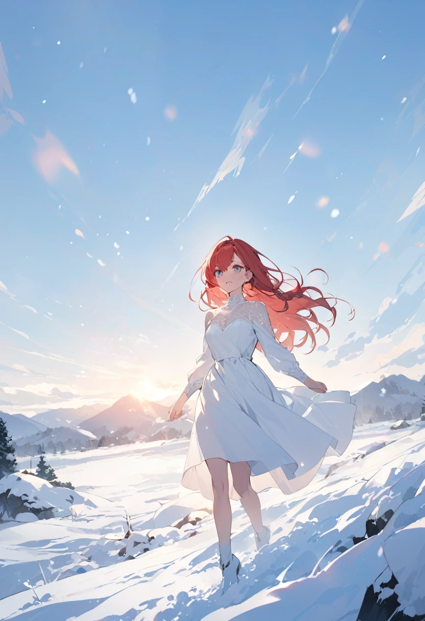 redhead in white dress in the snow