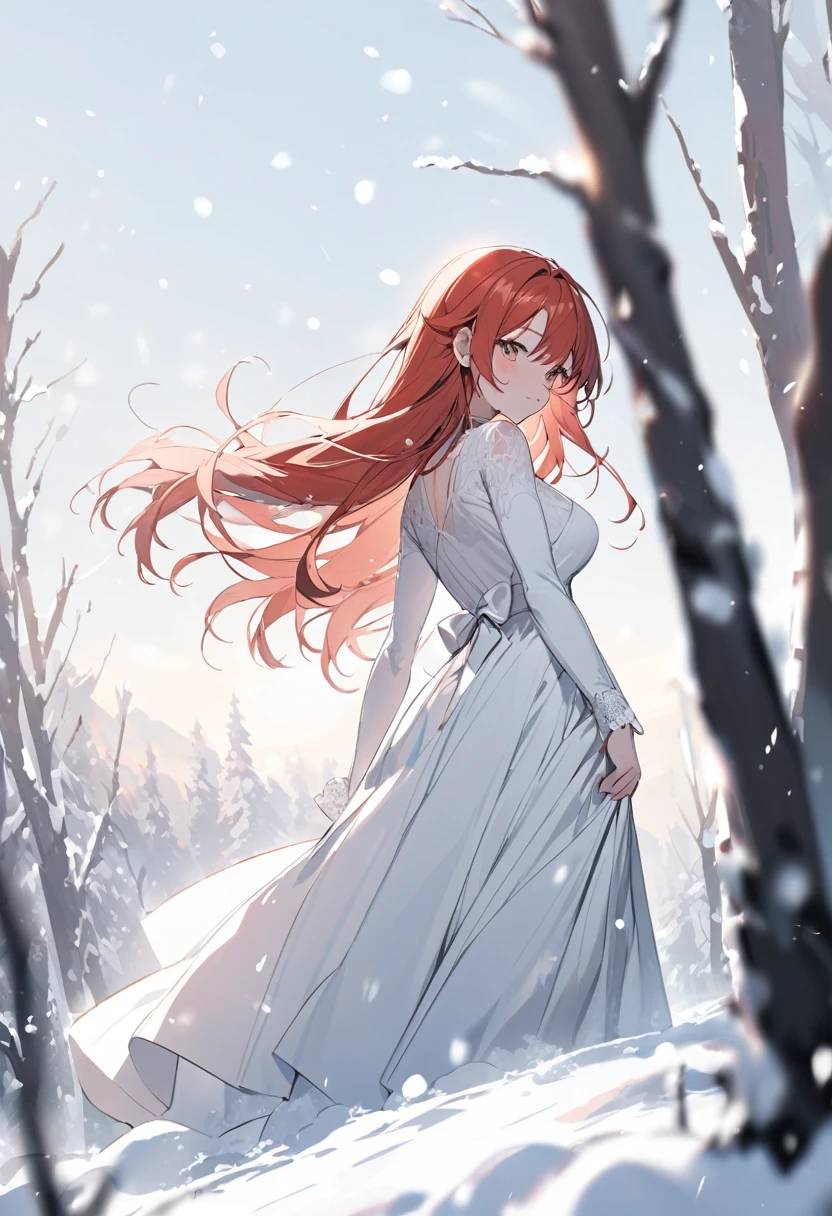redhead in white dress in the snow