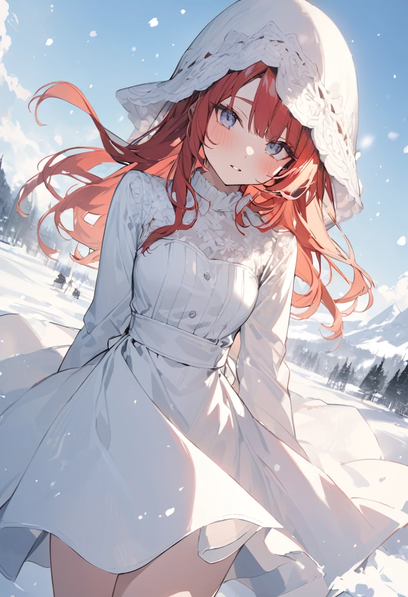redhead in white dress in the snow