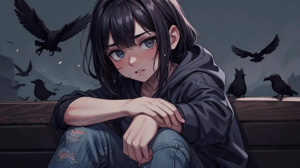 (RAW photo, 8k uhd, Analog style, Masterpiece, Best Quality, Highres:1.4), (dramatic, cinematic:1.2), BREAK,
movie shot of (a man with a TV as a head, sitting on a bench, surrounded by crows, bokeh shot, hoodie, jeans), (dark haze:1.2), (wet clothes:1.1), (tense hopeless eerie atmosphere, cold, floes:1.2), BREAK,
(photorealistic:1.3), (rough details, (male focus:1.1):1.2), (desaturated, cold lighting:1.3), (hyperdetailed, absurdres:1.2), BREAK,