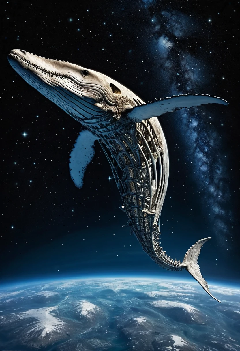 Super realistic fossil of whale images, perfectly formed fossil of whale, flying skeleton whale, Fossilized whale flying through the space, Whale bones mysteriously shine white in the vacuum of darkness, The earth and stars shine, dynamic motion, Squirting is like a nebula