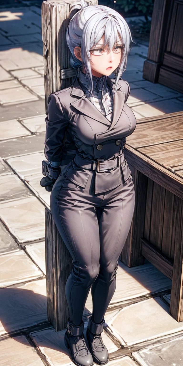 (Masterpiece, best quality, intricate details, 1sologirl) iron collar, arms behind back, iron cuffs, shackles, bound ((standing by wooden pole:1.2)) looking from above happy closed mouth