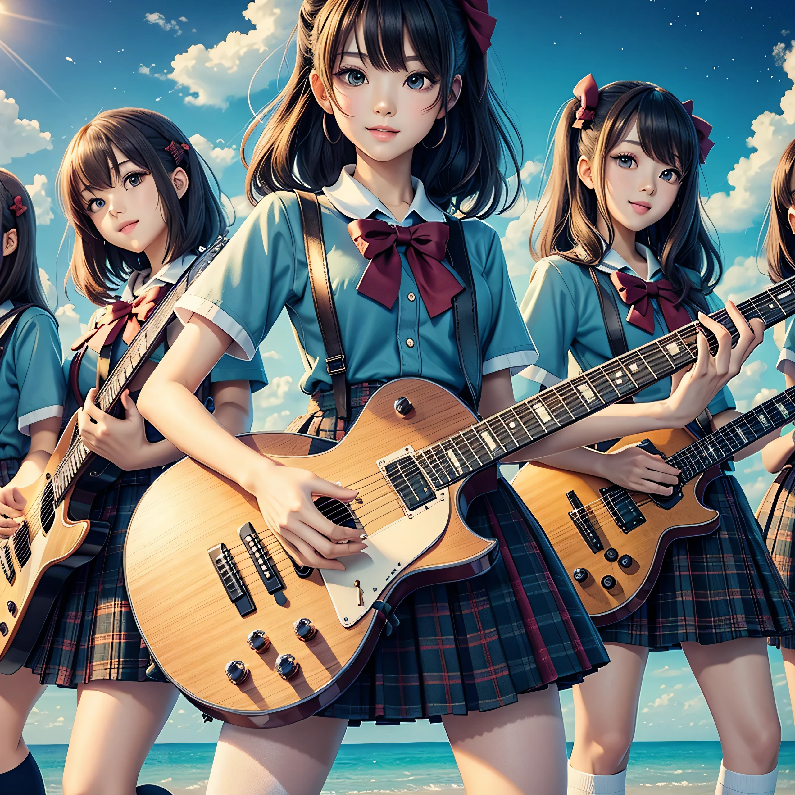 (best quality, masterpiece:1.5), (ultra-detailed, realistic:1.37),4K,(3woman:1.5),korean,cute,beautiful,(school uniform:1.2),(miniskirt),(playing guitar),