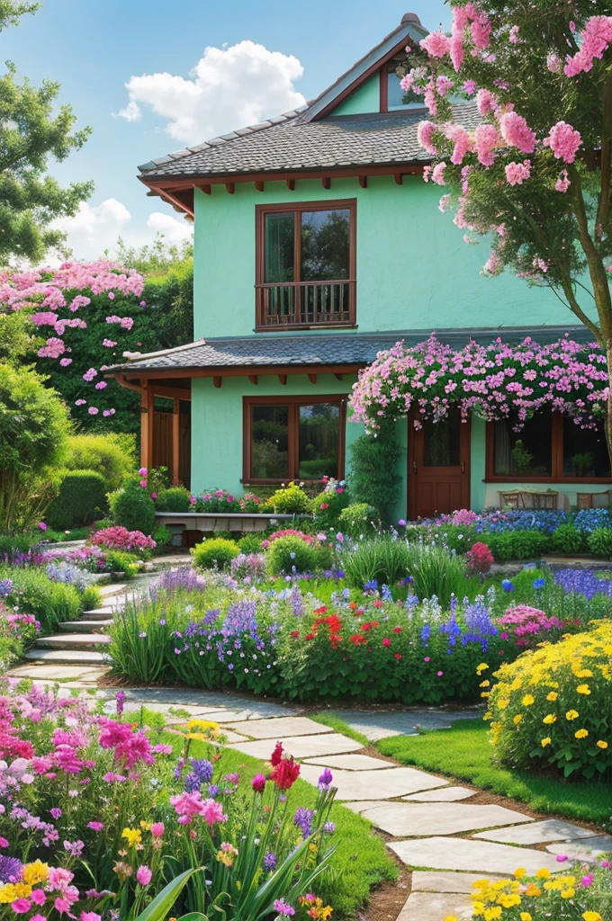 "Generate a serene scene featuring a cozy house surrounded by a vibrant array of flowers in full bloom, with a picturesque garden setting. The atmosphere should be peaceful and inviting, capturing the beauty of nature."