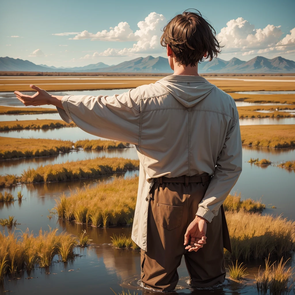 Plains Marsh，A man standing in the middle，Back，Open your arms，Decorative paintings