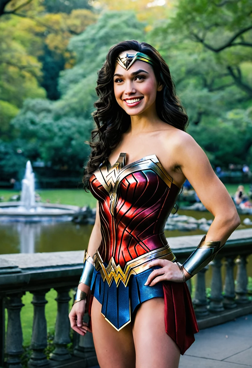 Sexy Wonder Woman , softly smiling, standing in Central Park